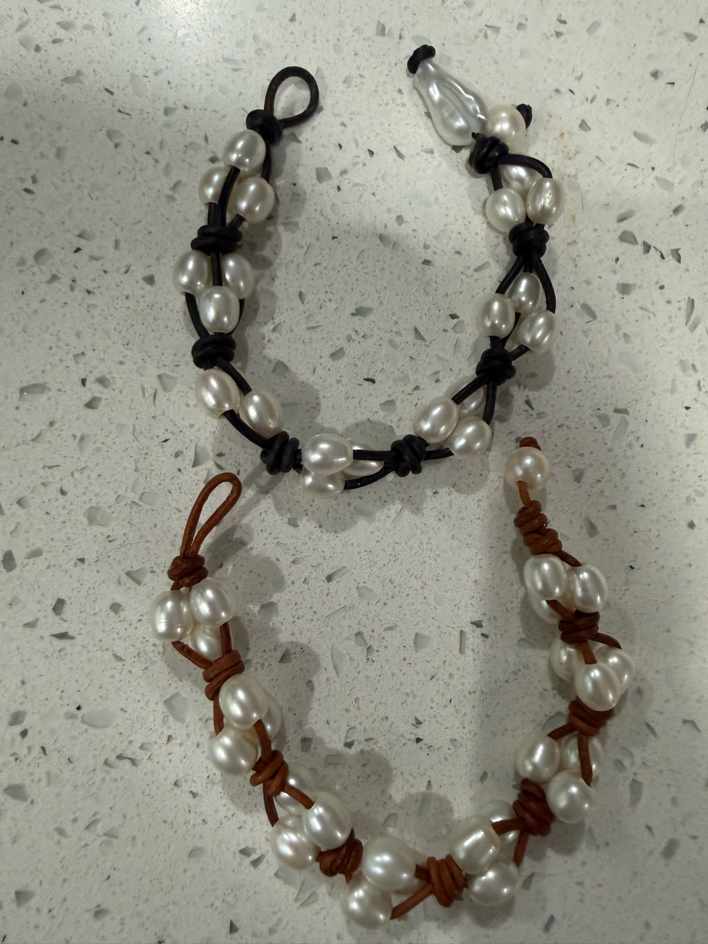 Handmade Pair Of Triple Strand Fresh Water Pearl And Leather Bracelets 7.5